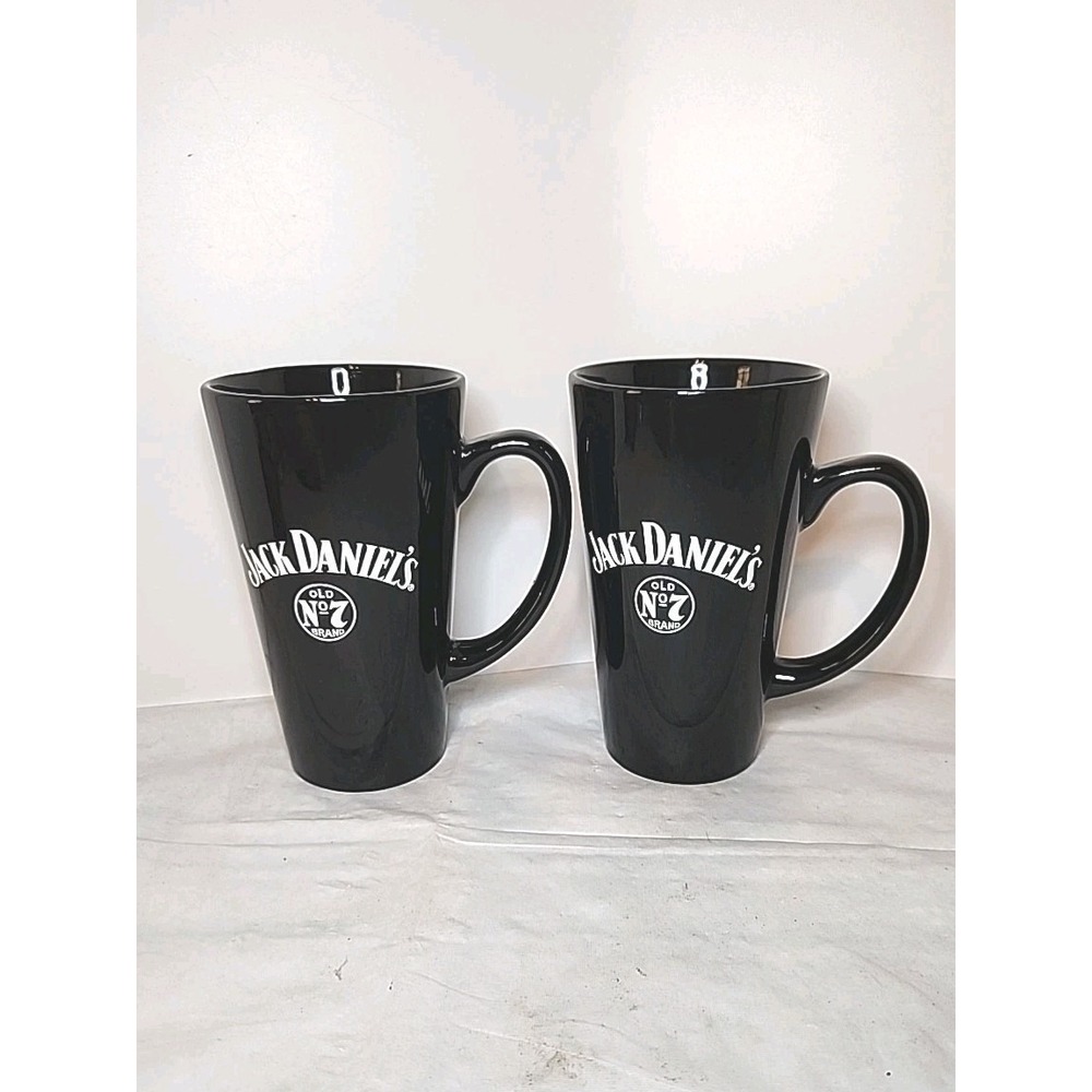 Jack Daniels Old Number 7, Tall Black Coffee Mugs. Set Of Two 6"